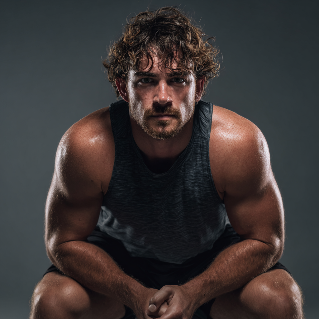 Confident man in athletic pose showing determination and strength during workout session