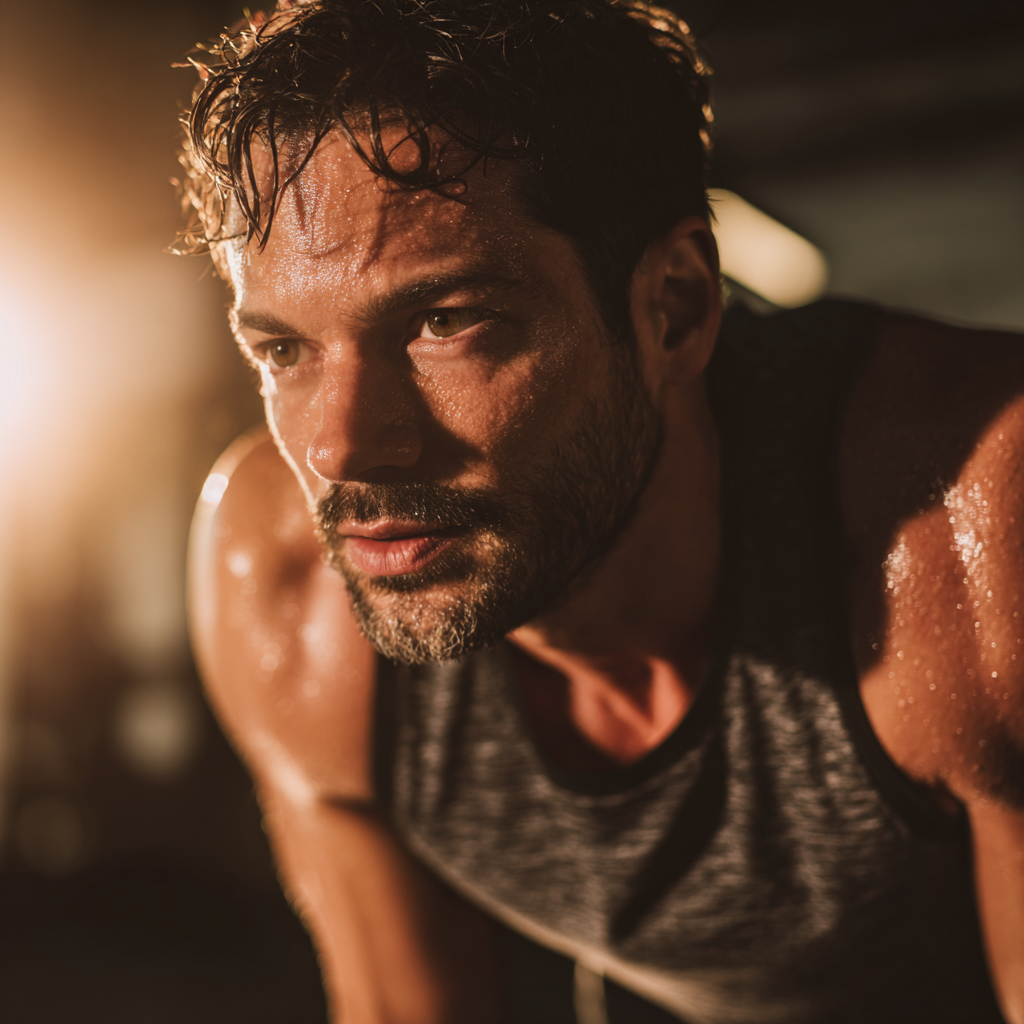 Motivated man in gym setting preparing for transformation journey with determination